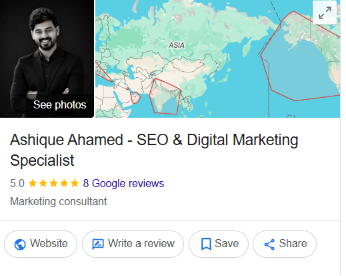 Ashique Ahamed Google Business Profile listing showing 5.0 star rating and 8 Google reviews